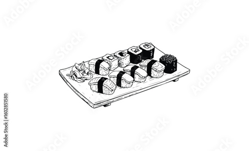Assorted sushi platter with nigiri and maki rolls on wooden tray line art. Vector retro hand drawn illustration.