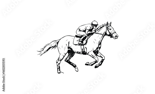 Caucasian male jockey in action on galloping horse sketch. Vector retro hand drawn illustration.