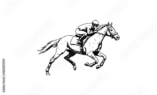 Black and white drawing of male jockey on racing horse. Vector retro hand drawn illustration.