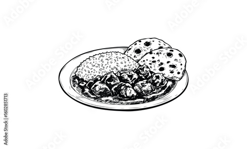 Hand-drawn african dish with rice and flatbread illustration. Vector retro hand drawn illustration.