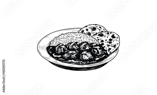 Hand-drawn indian curry dish with rice and naan bread. Vector retro hand drawn illustration.