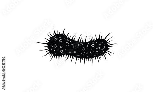 Black and white microorganism with spikes and circular details. Vector retro hand drawn illustration.