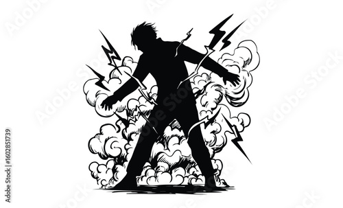 Silhouette of electrified anime character with lightning bolts and smoke. Vector retro hand drawn illustration.
