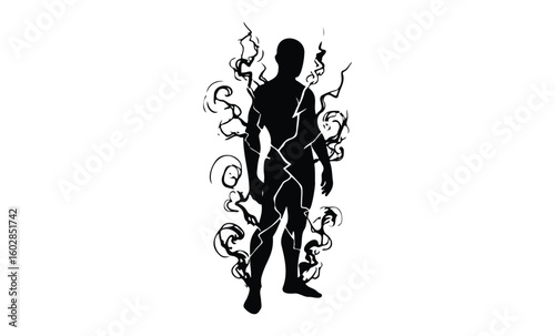 Silhouette of electrified figure with lightning and swirling smoke elements. Vector retro hand drawn illustration.