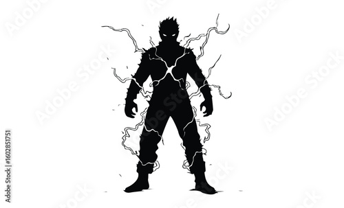 Silhouette of electrified heroic figure with lightning aura. Vector retro hand drawn illustration.