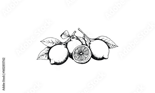 Black and white lemon sketch with cross-section and leaves. Vector retro hand drawn illustration.