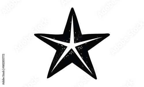 Black hand-drawn star illustration with texture on white background. Vector retro hand drawn illustration.