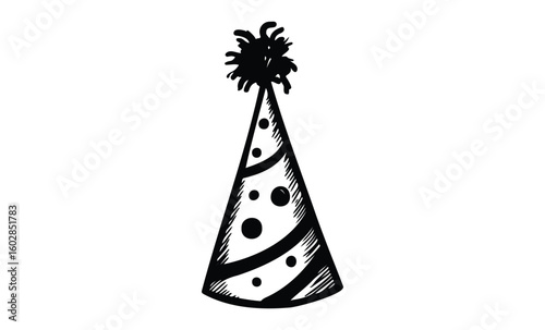 Black and white party hat sketch with pom pom and dotted design. Vector retro hand drawn illustration.
