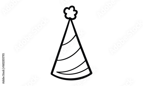Simple black and white party hat outline drawing with stripes and pom-pom top. Vector retro hand drawn illustration.