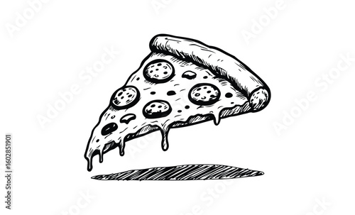 Detailed line art of melting pepperoni pizza slice with cheese dripping. Vector retro hand drawn illustration.