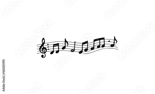 Musical notes and treble clef on five-line staff. Vector retro hand drawn illustration.