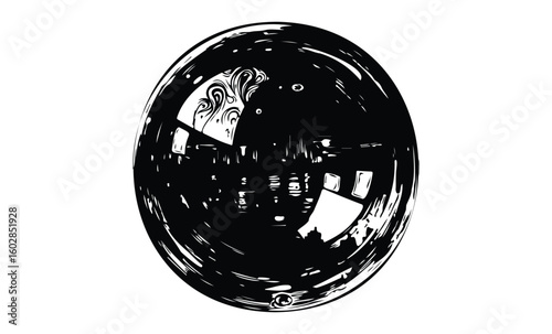 Abstract black and white circular art with swirling patterns and reflective surfaces. Vector retro hand drawn illustration.