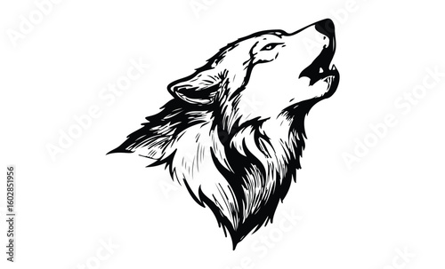 Majestic howling wolf illustration in black and white vector art. Vector retro hand drawn illustration.