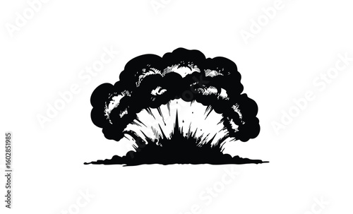 Black and white explosion graphic with expanding smoke cloud. Vector retro hand drawn illustration.