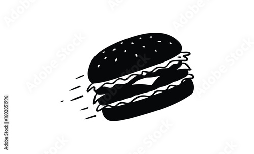 Hand-drawn fast food burger illustration with lettuce and cheese. Vector retro hand drawn illustration.