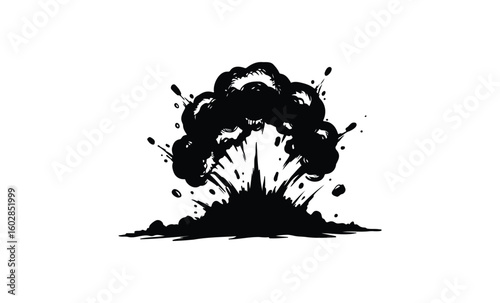 Abstract black ink explosion symbolizing chaos and energy on white background. Vector retro hand drawn illustration.