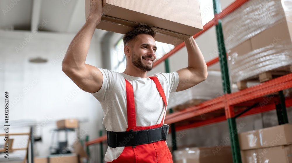Fototapeta premium Worker lifts box overhead with proper posture and support, showcasing strength and determination in warehouse environment. scene emphasizes safety and efficiency in manual handling
