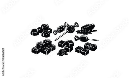 Variety of hand-drawn candies: lollipops, caramels, gummies in black and white. Vector retro hand drawn illustration.