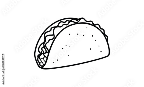 Black and white taco silhouette illustration with lettuce and filling. Vector retro hand drawn illustration.