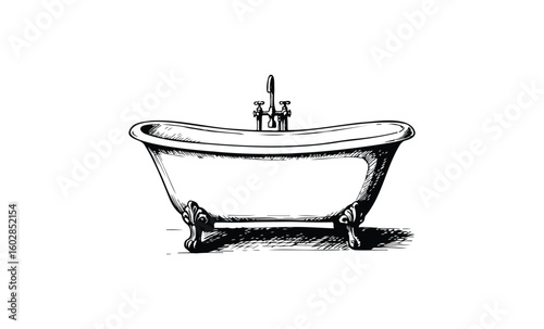 Vintage clawfoot bathtub sketch with faucet on white background. Vector retro hand drawn illustration.