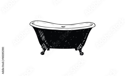 Vintage clawfoot bathtub drawing in black and white sketch style. Vector retro hand drawn illustration.