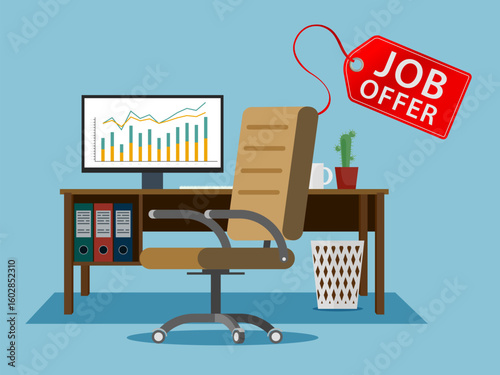 Label job offer on office chair at workplace with computer desk. Vector illustration