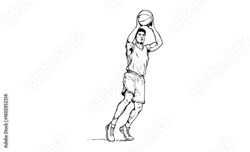 Young african male basketball player shooting ball in athletic pose. Vector retro hand drawn illustration.