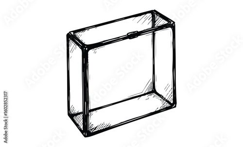 Hand-drawn rectangular glass box sketch with black outline on white background. Vector retro hand drawn illustration.