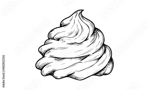 Hand-drawn ice cream swirl with detailed line art on white background. Vector retro hand drawn illustration.
