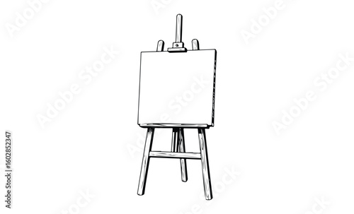 Blank canvas on wooden easel ready for painting. Vector retro hand drawn illustration.