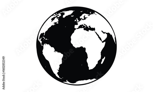Monochrome earth globe silhouette featuring africa and europe. Vector retro hand drawn illustration.