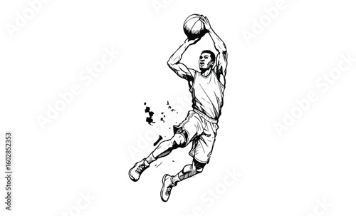 Dynamic basketball player dunking with power and grace. Vector retro hand drawn illustration.