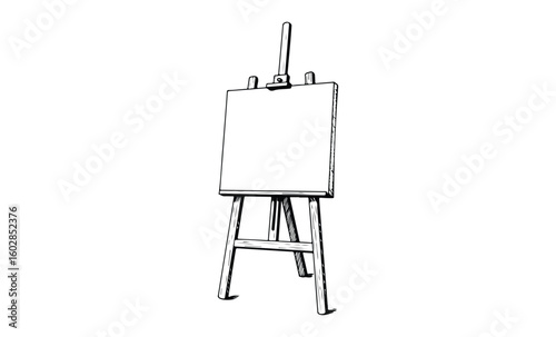 Blank canvas on wooden easel illustration in black and white style. Vector retro hand drawn illustration.