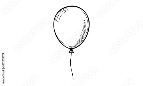 Simple black and white cartoon balloon illustration with string. Vector retro hand drawn illustration.