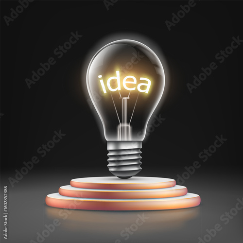 Light bulb with glowing word idea inside. Vector illustration