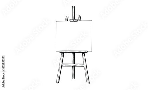 Wooden artist easel with blank canvas for painting and drawing. Vector retro hand drawn illustration.