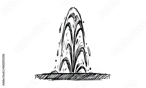 Hand-drawn sketch of water fountain with arching streams and splashing drops. Vector retro hand drawn illustration.