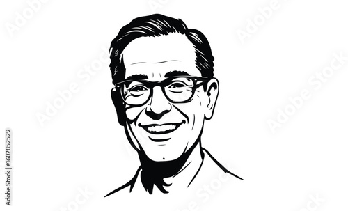 Smiling male portrait in black and white vector style art. Vector retro hand drawn illustration.