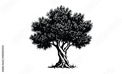 Intricate black silhouette of leafy tree with twisted trunk on white background. Vector retro hand drawn illustration.