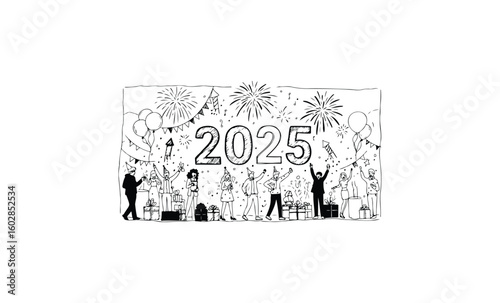 2025 new year celebration with diverse group and fireworks. Vector retro hand drawn illustration.