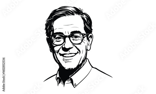 Black and white illustration of smiling caucasian mature male with glasses. Vector retro hand drawn illustration.