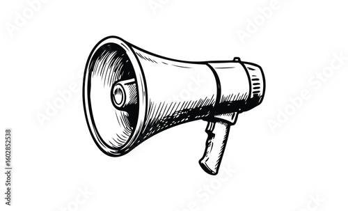 Vintage megaphone illustration on white background with retro detailing. Vector retro hand drawn illustration.