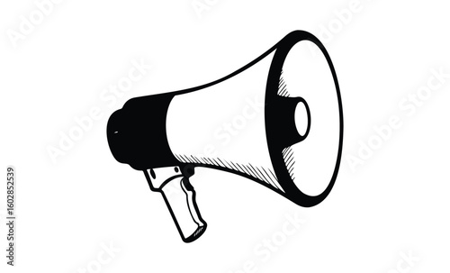 Black and white megaphone drawing illustration on white background. Vector retro hand drawn illustration.