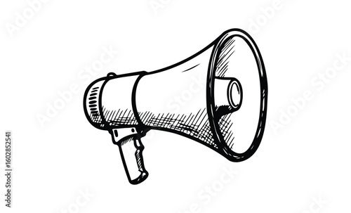 Hand-drawn megaphone sketch with crosshatch texture. Vector retro hand drawn illustration.