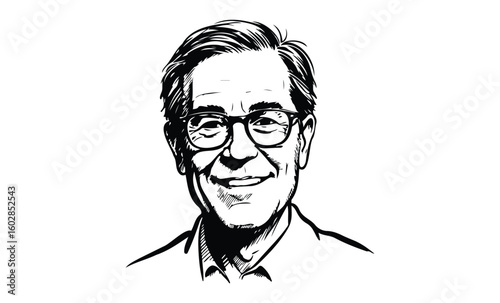 Hand-drawn portrait of elderly caucasian male with glasses and smiling expression. Vector retro hand drawn illustration.