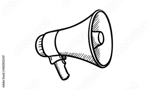 Monochrome megaphone illustration with hand-drawn details. Vector retro hand drawn illustration.
