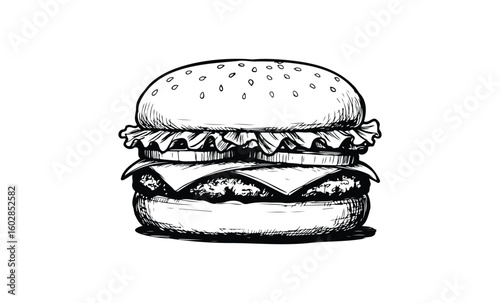 Hand-drawn classic burger with lettuce tomato and cheese on white background. Vector retro hand drawn illustration.