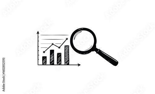 Business growth analysis with bar chart and magnifying glass sketch. Vector retro hand drawn illustration.