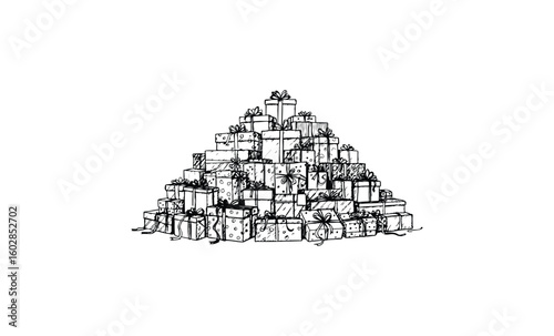 Pyramid of wrapped gift boxes with patterns and bows on white background. Vector retro hand drawn illustration.