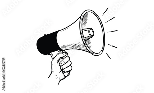 Hand holding megaphone drawing with sound lines on white background. Vector retro hand drawn illustration.